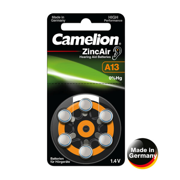 Camelion - A13 / ZL 13 / PR48 - 1,4 Volt 280mAh Zinc Air - 6er Blister - EOL = Mindesthaltbarkeitsdatum abgelaufen