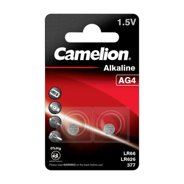 Camelion - AG4 / LR66 / LR626 / 377 - 1,5 Volt 20mAh Alkali Mangan Knopfzelle - 2er Blister