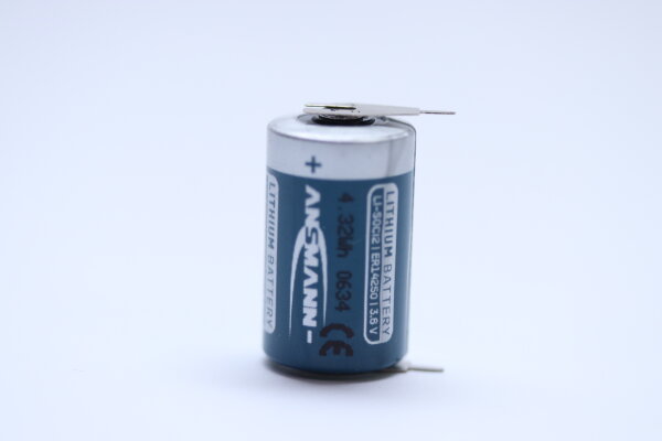 Ansmann - ER14250 - 1/2AA - 3,6 Volt 1200mAh Li-SOCl2 - Lithium Spezial-Batterie mit Printlötfahnen (+Pol=Einzelpin & -Pol=Einzelpin)